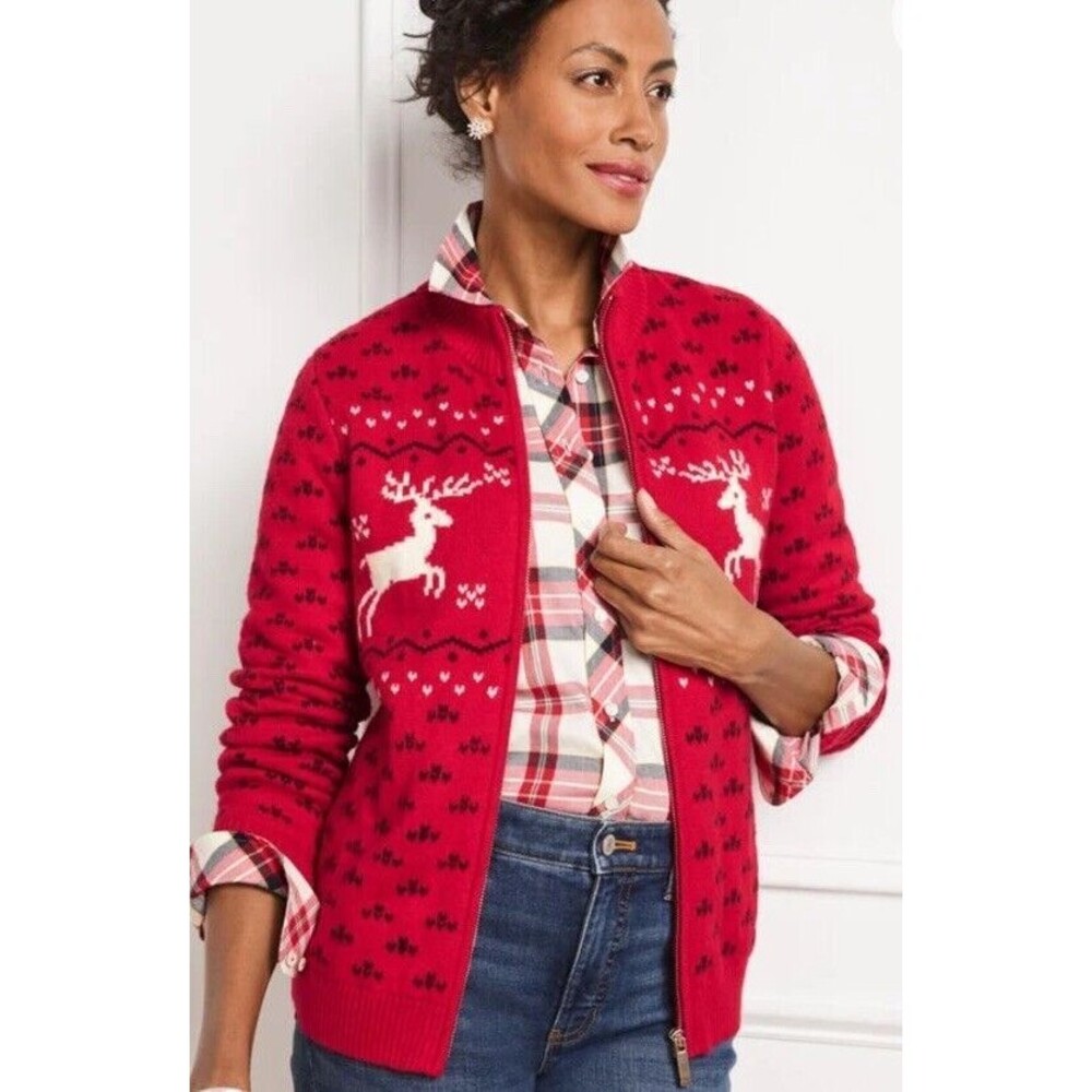 TALBOTS RED ZIP FRONT CARDIGAN - NORDIC DEER FAIR ISLE MP